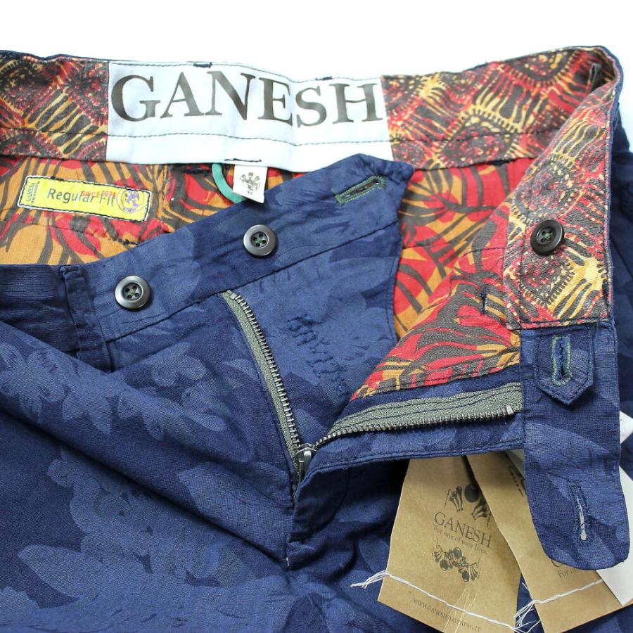 GANESH ガネーシュ コットンパンツ 紺 メンズ デザイン柄 ボタニカル柄
