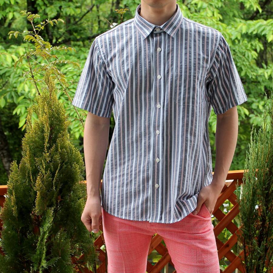 シアサッカー シャツ ストライプシャツ 半袖シャツ メンズ 水/赤