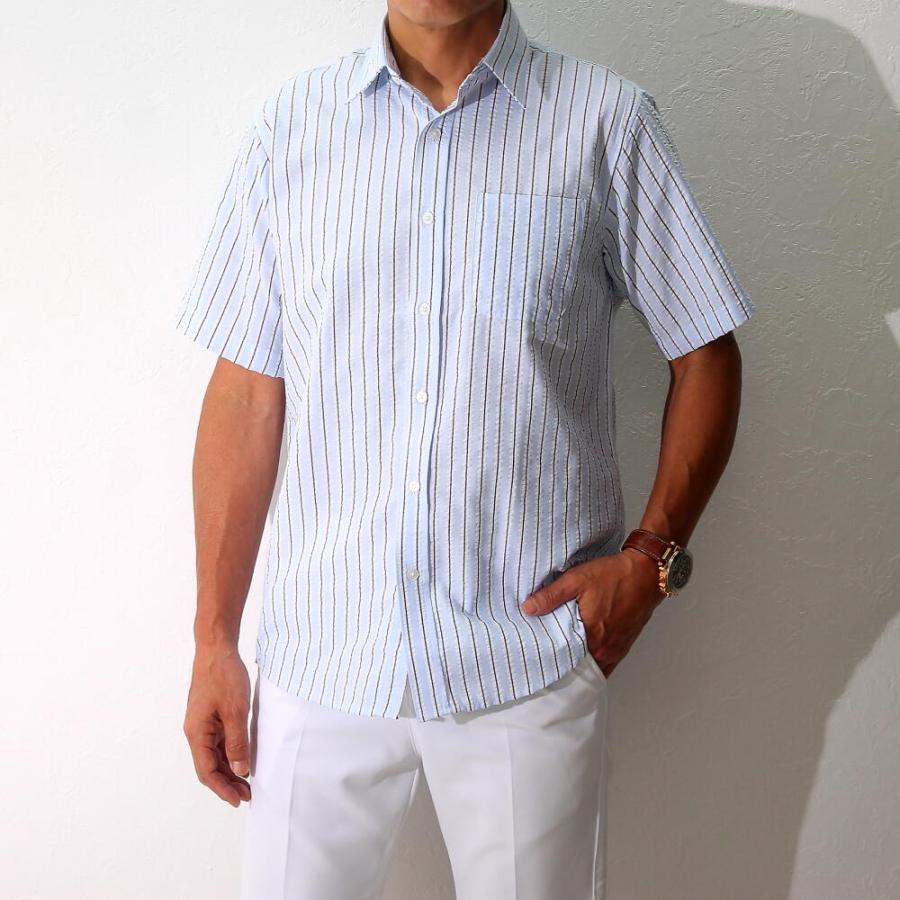 シアサッカー 半袖シャツ メンズ ストライプ 水色/白/グレー