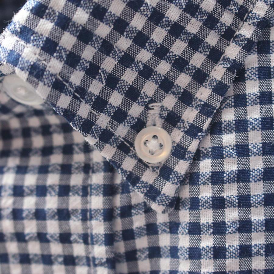 シアサッカー 半袖シャツ メンズ ボタンダウン ギンガムチェック 紺/青