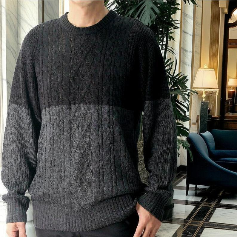 美品　フクゾー　ウール　ニット　セーター　ケーブルニット　L ブラック　メンズ ニット セーター メンズ ケーブル編み 秋/冬 クルーネック