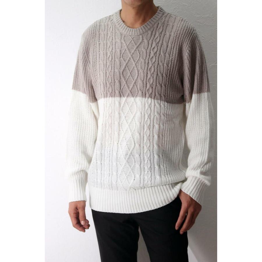 ニット セーター メンズ ケーブル編み 秋/冬 クルーネック ツートン