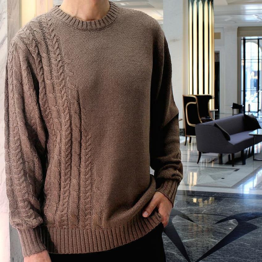 ニット セーター メンズ ケーブル編み 秋/冬 ベージュ/青/茶 クルー