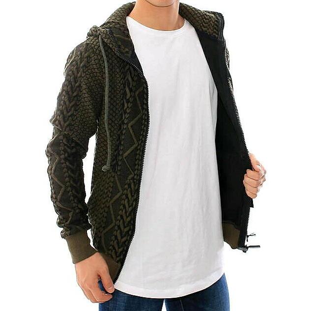 キルティング パーカー ジップアップ 中綿系 メンズ ケーブル編み柄風