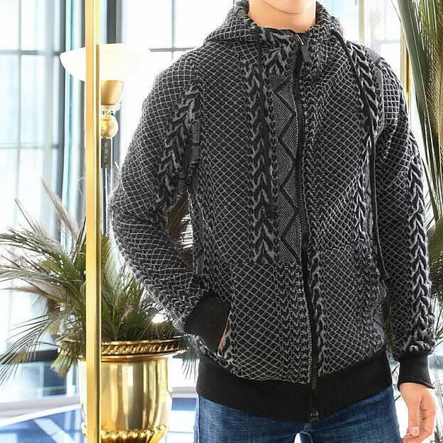 キルティング パーカー ジップアップ 中綿系 メンズ ケーブル編み柄風