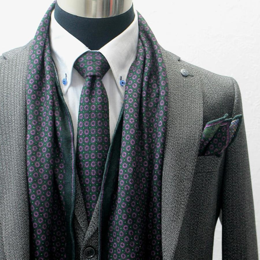 ネクタイ ストール ハンカチーフ 3点セット 緑/紫 ドット柄 水玉