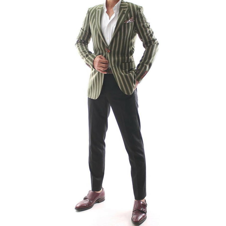 テーラードジャケット ストライプ 緑/茶 ストレッチ メンズ ピークド