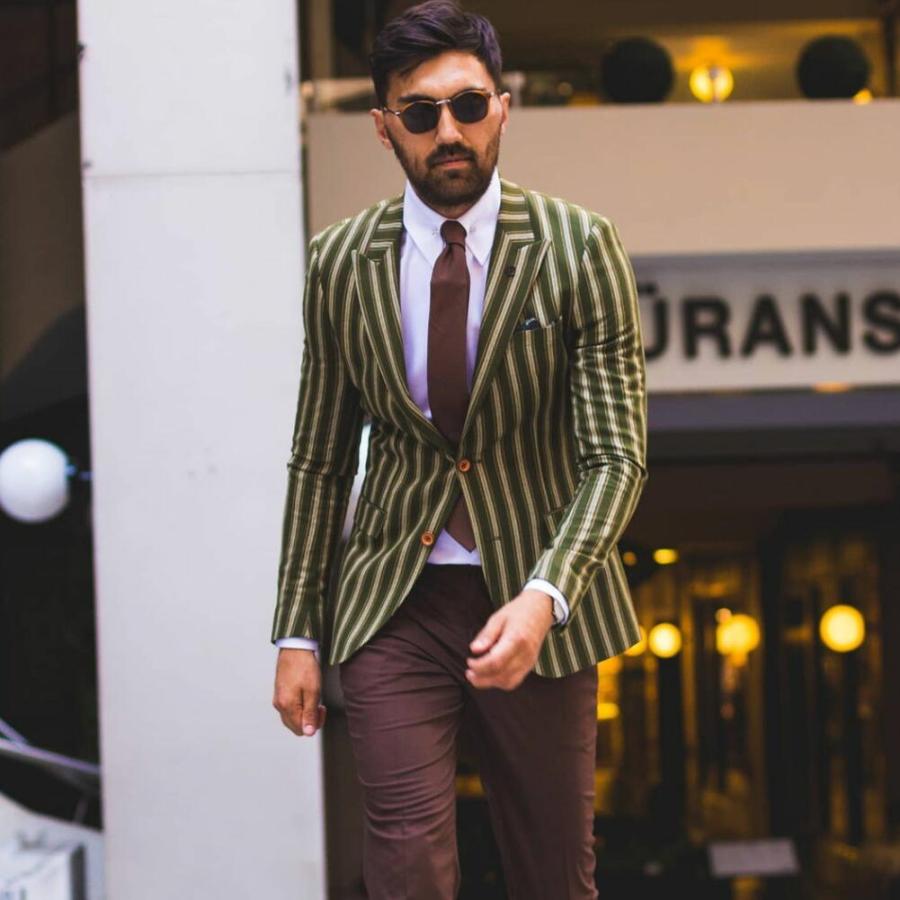 テーラードジャケット ストライプ 緑/茶 ストレッチ メンズ ピークド