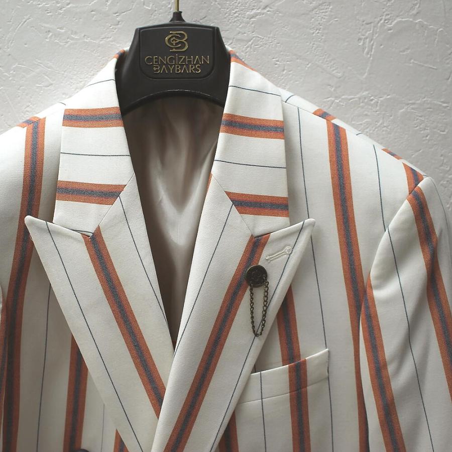 テーラードジャケット ストライプ 白/紺/茶 ダブル ブレザー メンズ