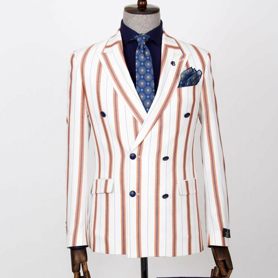テーラードジャケット ストライプ 白/紺/茶 ダブル ブレザー メンズ