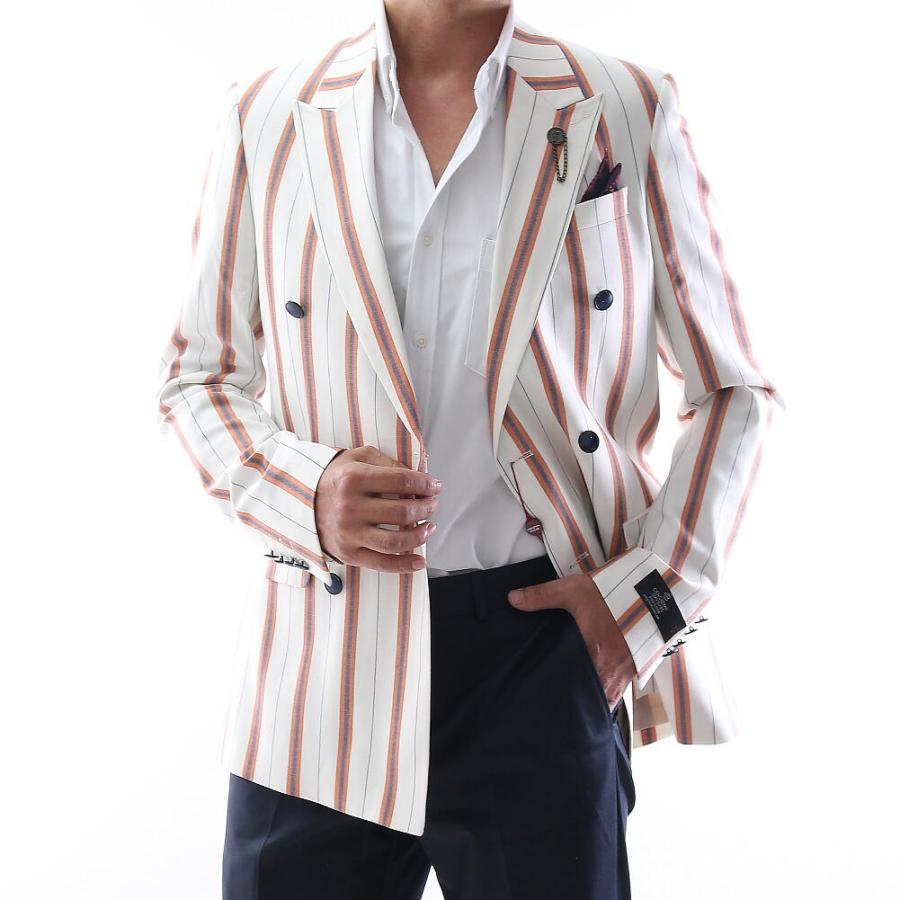 テーラードジャケット ストライプ 白/紺/茶 ダブル ブレザー メンズ