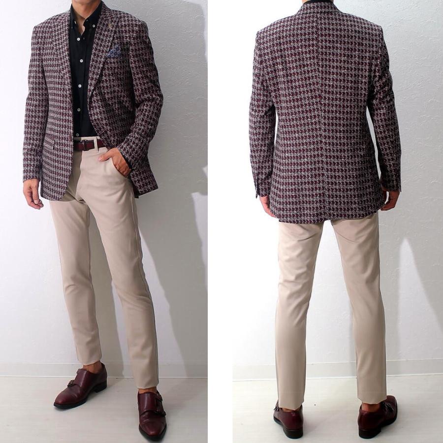テーラードジャケット メンズ ブレザー 千鳥柄 エンジ 春/秋/冬 ニット
