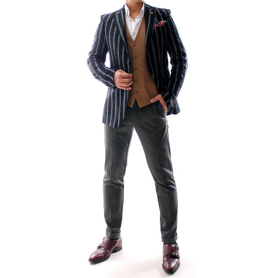 ツイード テーラードジャケット ストライプ 黒/青/茶 ブレザー メンズ