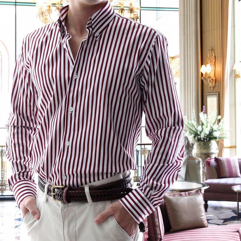 長袖シャツ ストライプ ビジネスシャツ コットン 釦ダウン メンズ 紺 S