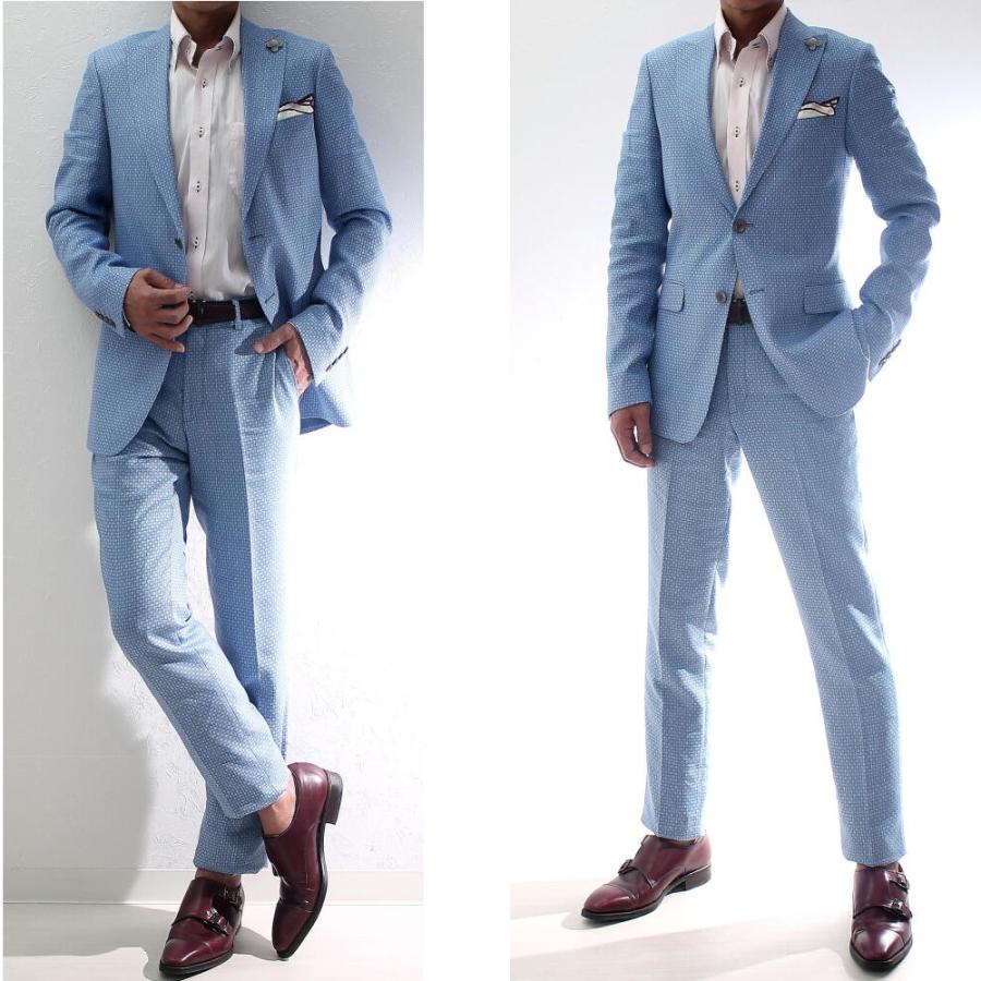 スラックス スリム パンツ メンズ 水色/ブルー ドット柄 春/秋/冬