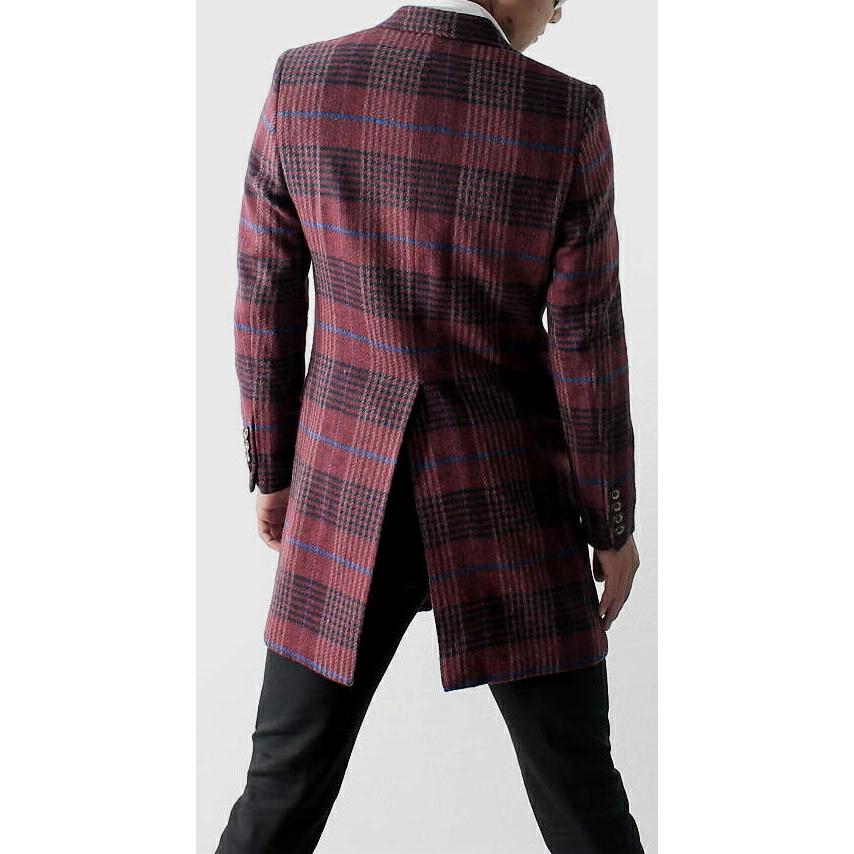 チェスターコート メンズ スリム 冬 チェック ウール エンジ ボルドー