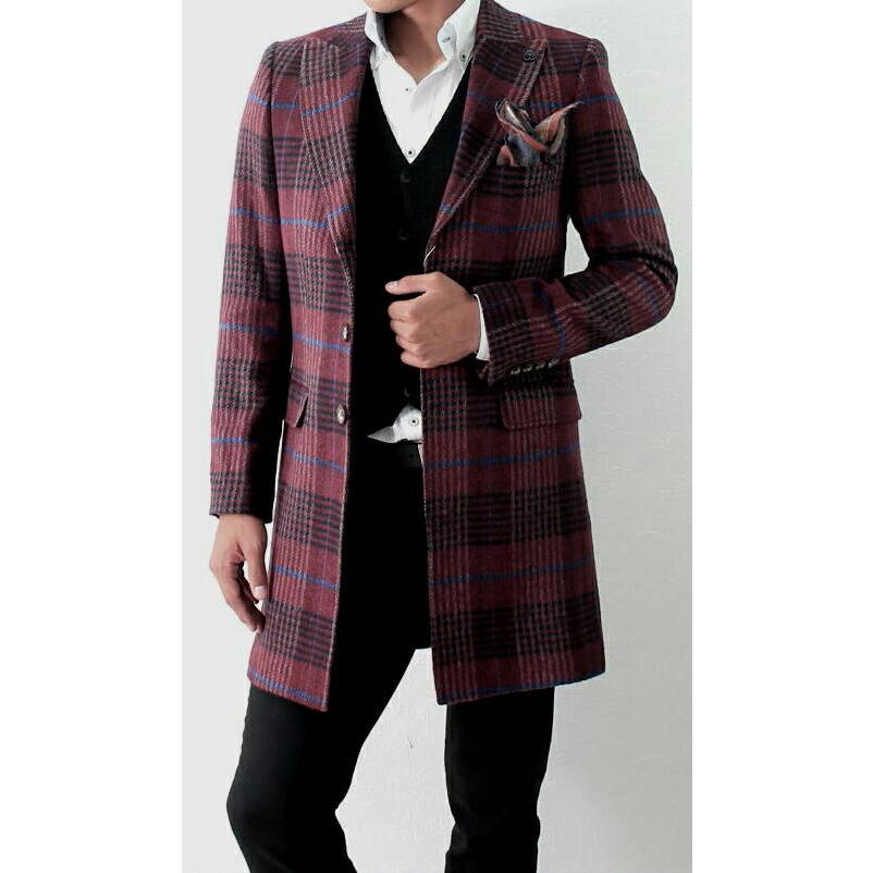 チェスターコート メンズ スリム 冬 チェック ウール エンジ ボルドー