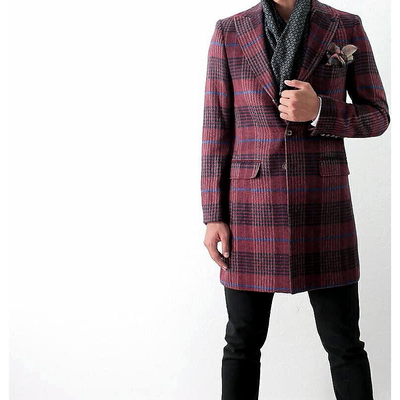 チェスターコート メンズ スリム 冬 チェック ウール エンジ ボルドー