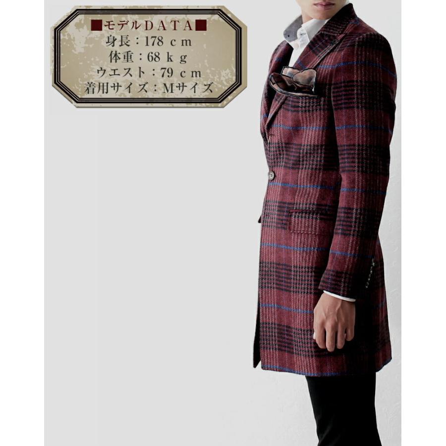 チェスターコート メンズ スリム 冬 チェック ウール エンジ ボルドー