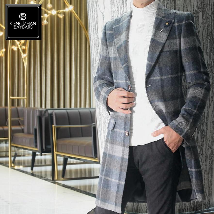 美品BARNEYS NEWYORKチェック柄 メンズ コート ベルト付き チェスターコート ハーフコート メンズ 冬 チェック ウール 紺グレー