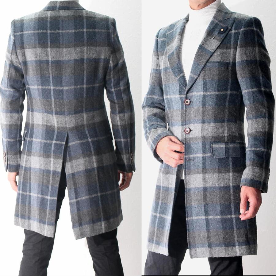 チェスターコート ハーフコート メンズ 冬 チェック ウール 紺グレー