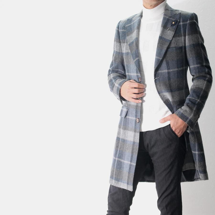 チェスターコート ハーフコート メンズ 冬 チェック ウール 紺グレー