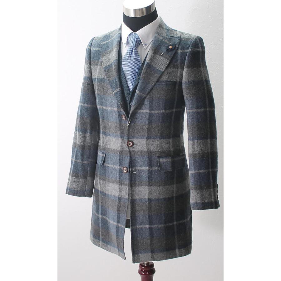 チェスターコート ハーフコート メンズ 冬 チェック ウール 紺グレー