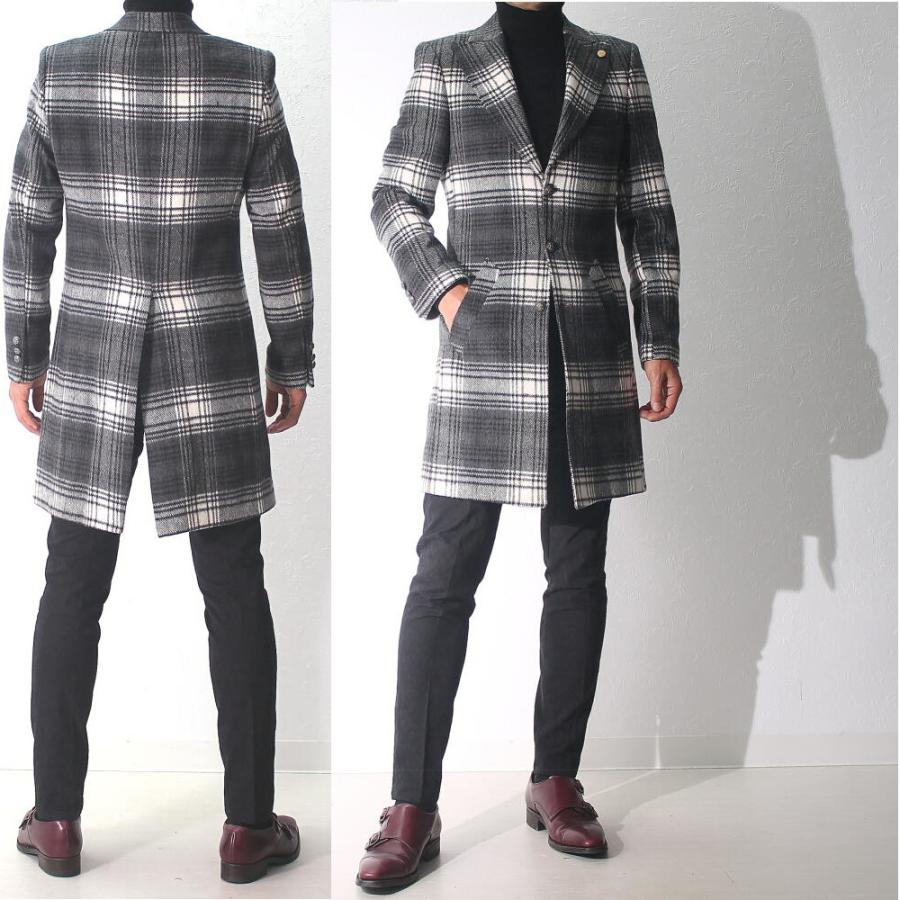 チェスターコート メンズ スリム チェック 冬 ウール コットン グレー