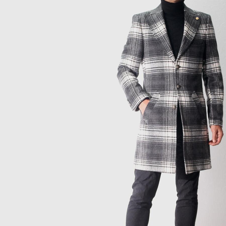 チェスターコート メンズ スリム チェック 冬 ウール コットン グレー
