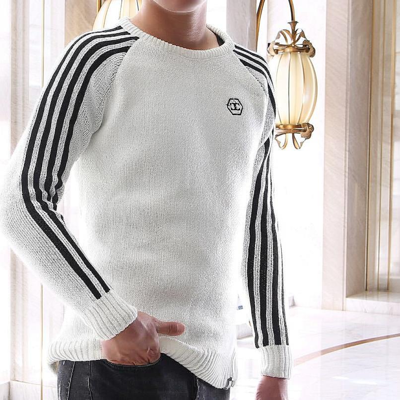 ニット セーター メンズ 厚手 厚地 コットン クルーネック 黒/グレー