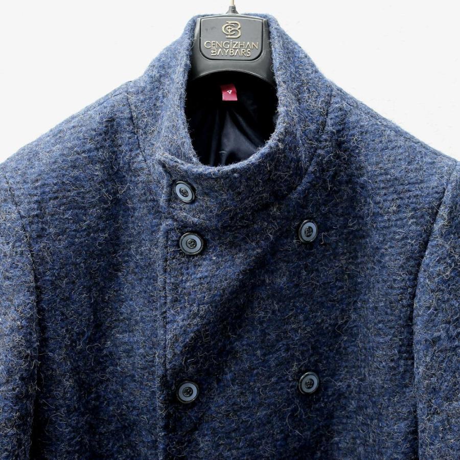 チェスターコート スタンドカラー ストレッチ ダブル ハーフコート 青