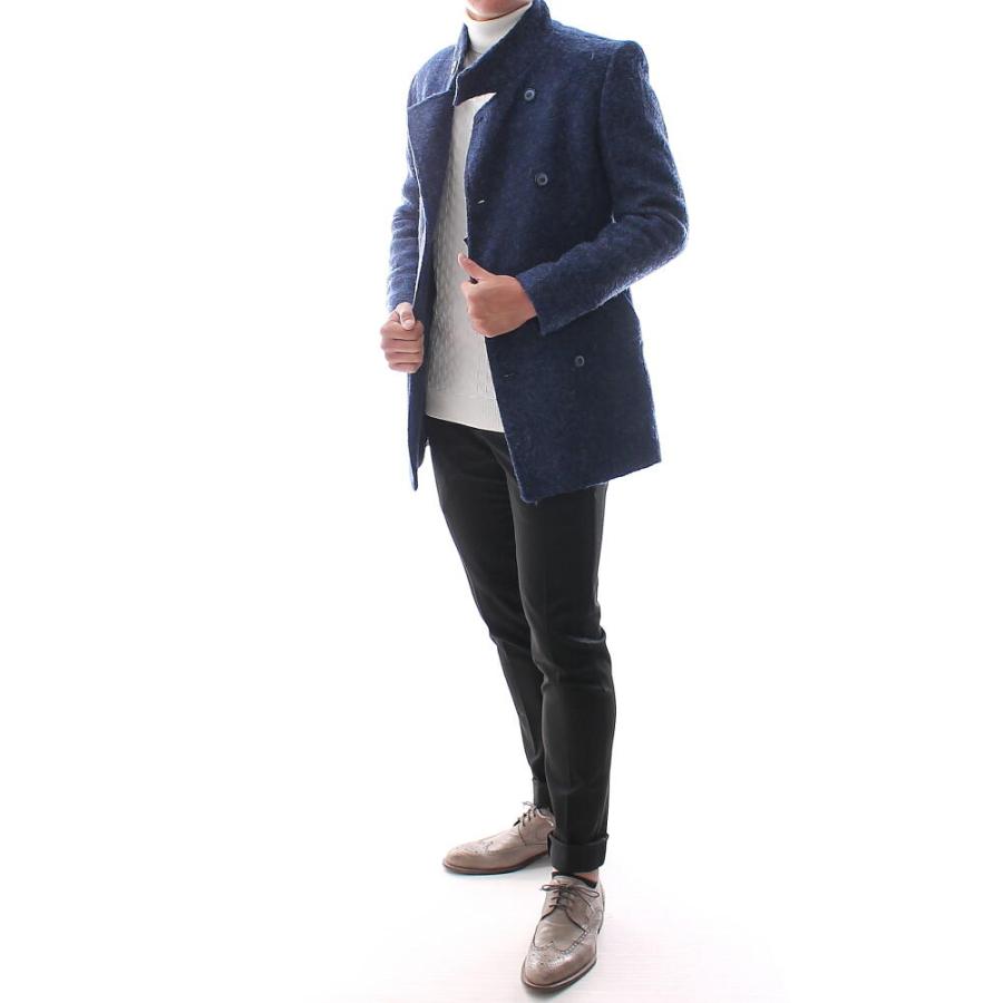 チェスターコート スタンドカラー ストレッチ ダブル ハーフコート 青