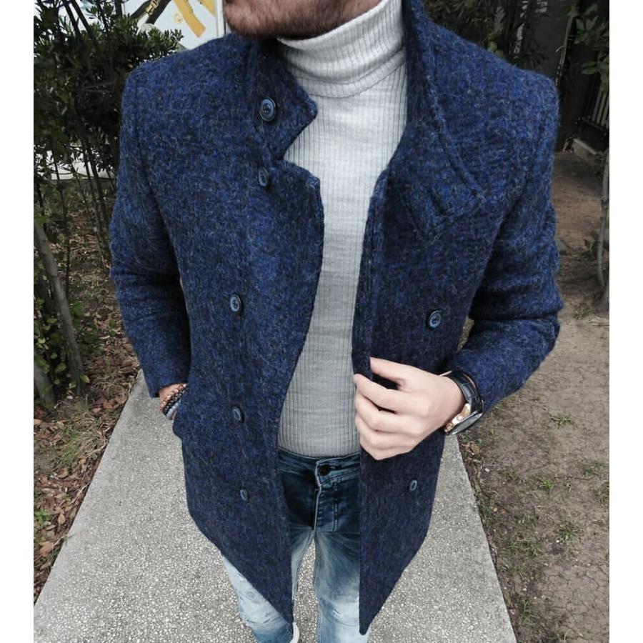 チェスターコート スタンドカラー ストレッチ ダブル ハーフコート 青