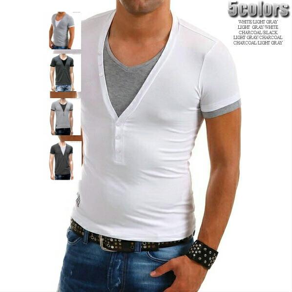 Vネック Tシャツ 半袖 メンズ 重ね着風 白 グレー チャコールグレー ストレッチコットン 父の日 プレゼント :crsm202:BIN-1
