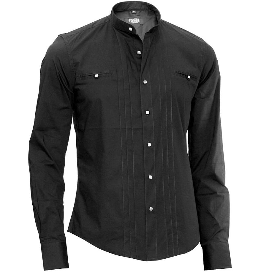 バンドカラー 長袖シャツ メンズ ビジネス マオカラー 黒白 XXL 4XL