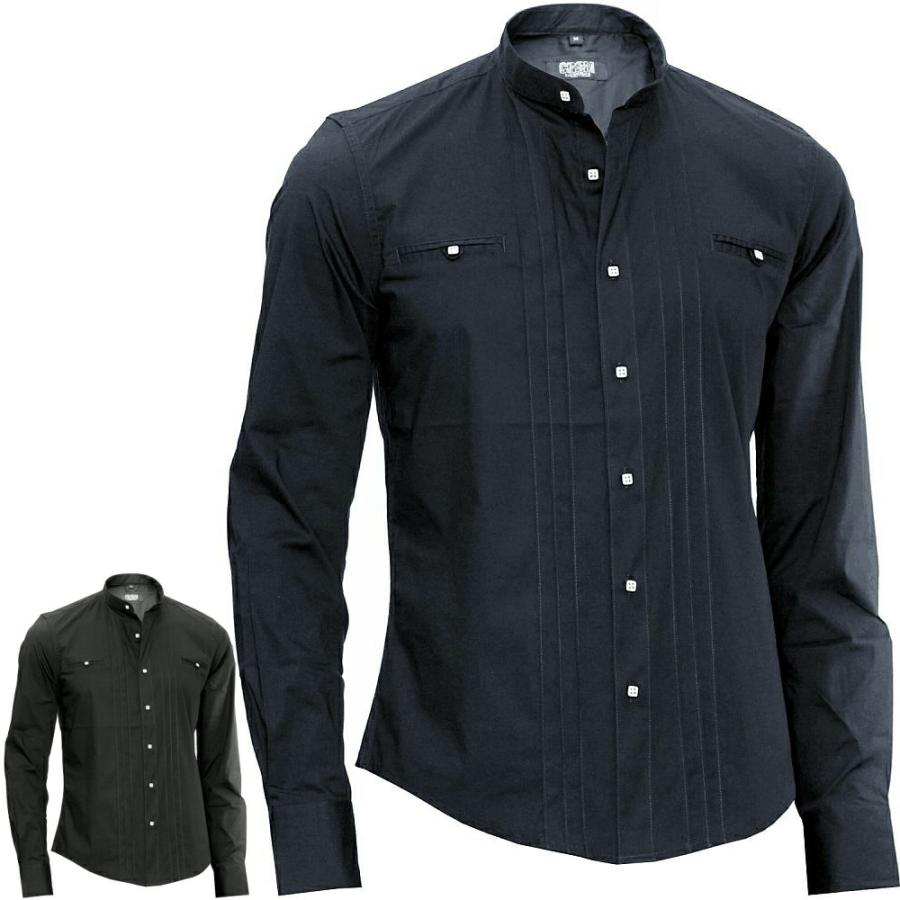 バンドカラー 長袖シャツ メンズ ビジネス マオカラー 黒白 XXL 4XL