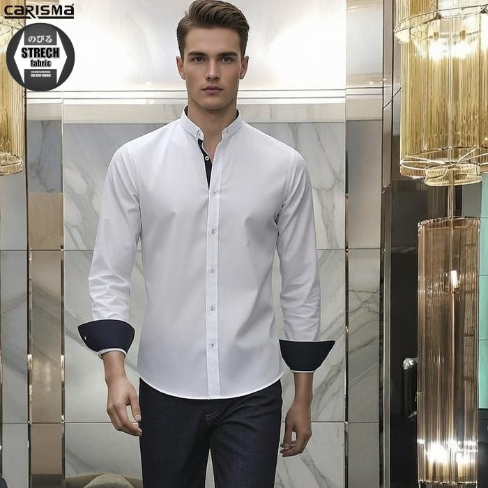 【ホワイト】保形性 ストレッチ 長袖 カラーシャツ (MENS) 楽天市場】長袖シャツ メンズ ストレッチ ビジネス マオカラー バンド