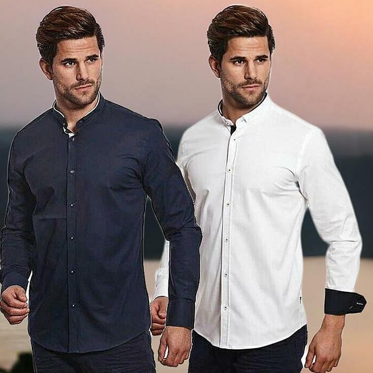 長袖シャツ メンズ ストレッチ ビジネス マオカラー バンドカラー 紺白