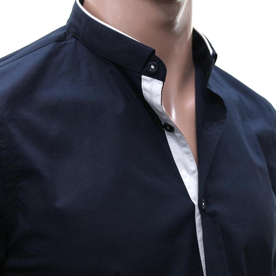長袖シャツ メンズ ストレッチ ビジネス マオカラー バンドカラー 紺白
