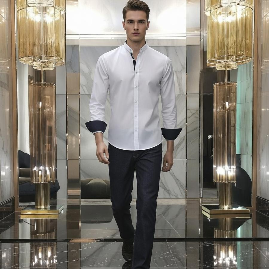 長袖シャツ メンズ ストレッチ ビジネス マオカラー バンドカラー 紺白