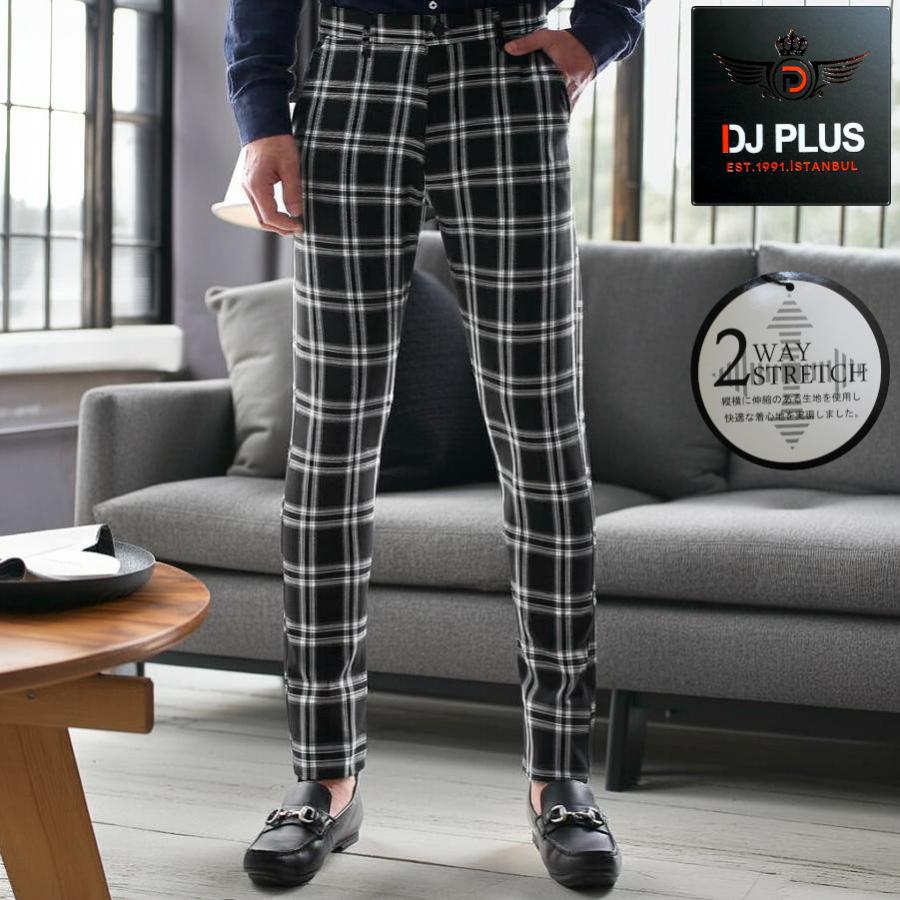 スラックス スキニー パンツ 黒/チェック スリム ストレッチ 伸縮性