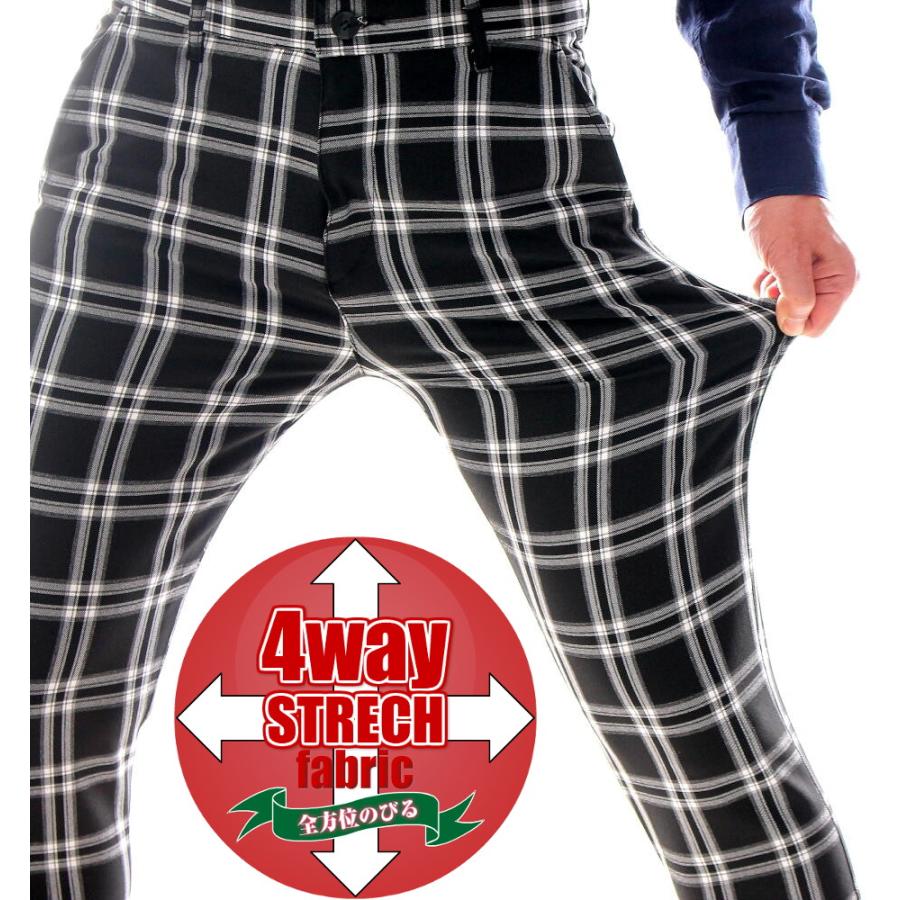 スラックス スキニー パンツ 黒/チェック スリム ストレッチ 伸縮性