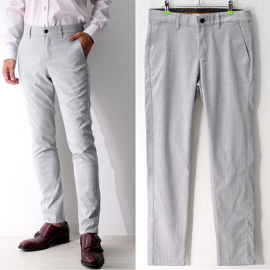 スラックス スキニー パンツ メンズ スリム ストライプ ライトグレー