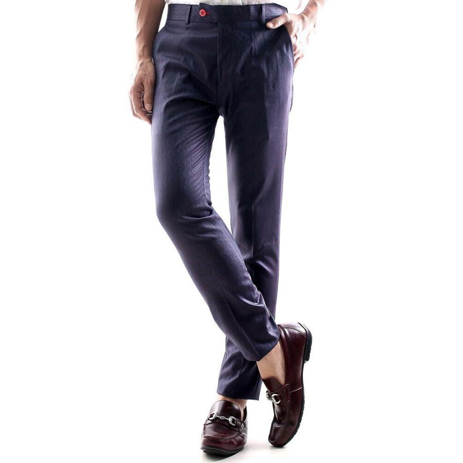 スラックス スキニー パンツ ストレッチ シャンブレー 幾何学模様 紺