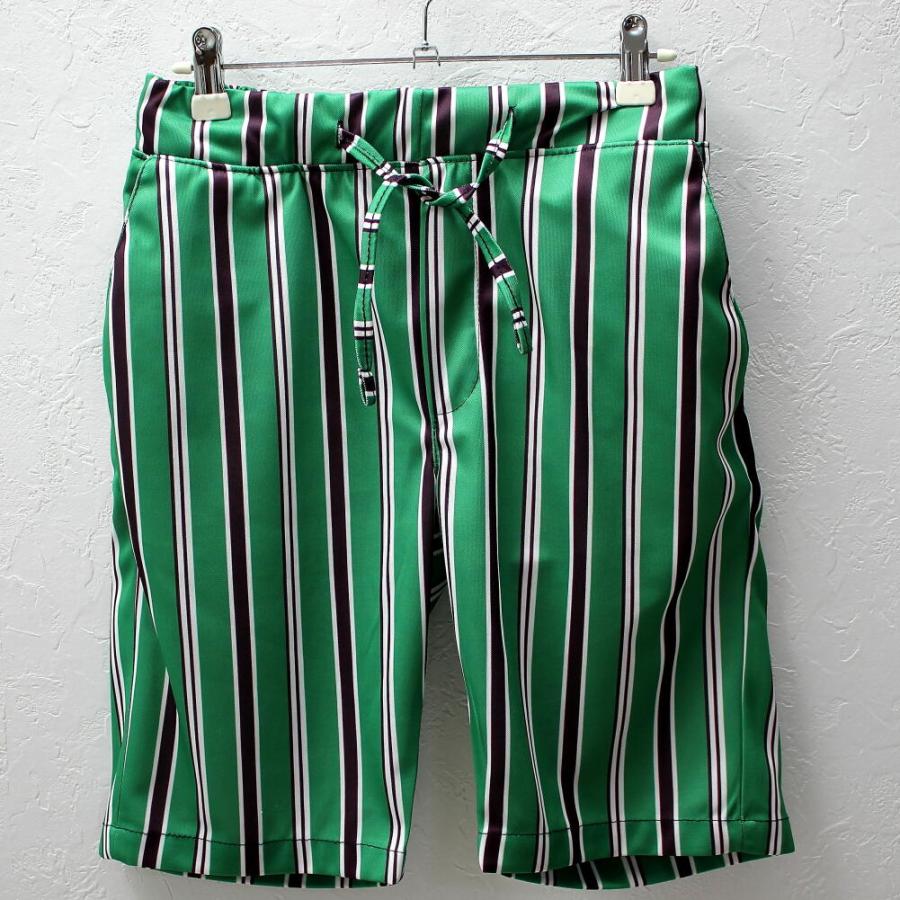 ハーフパンツ ショートパンツ ストライプ 膝上 スリム 緑/白/茶