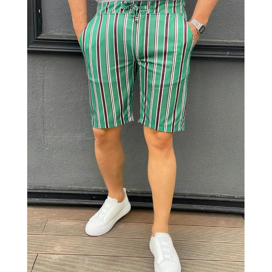 ハーフパンツ ショートパンツ ストライプ 膝上 スリム 緑/白/茶 30〜36