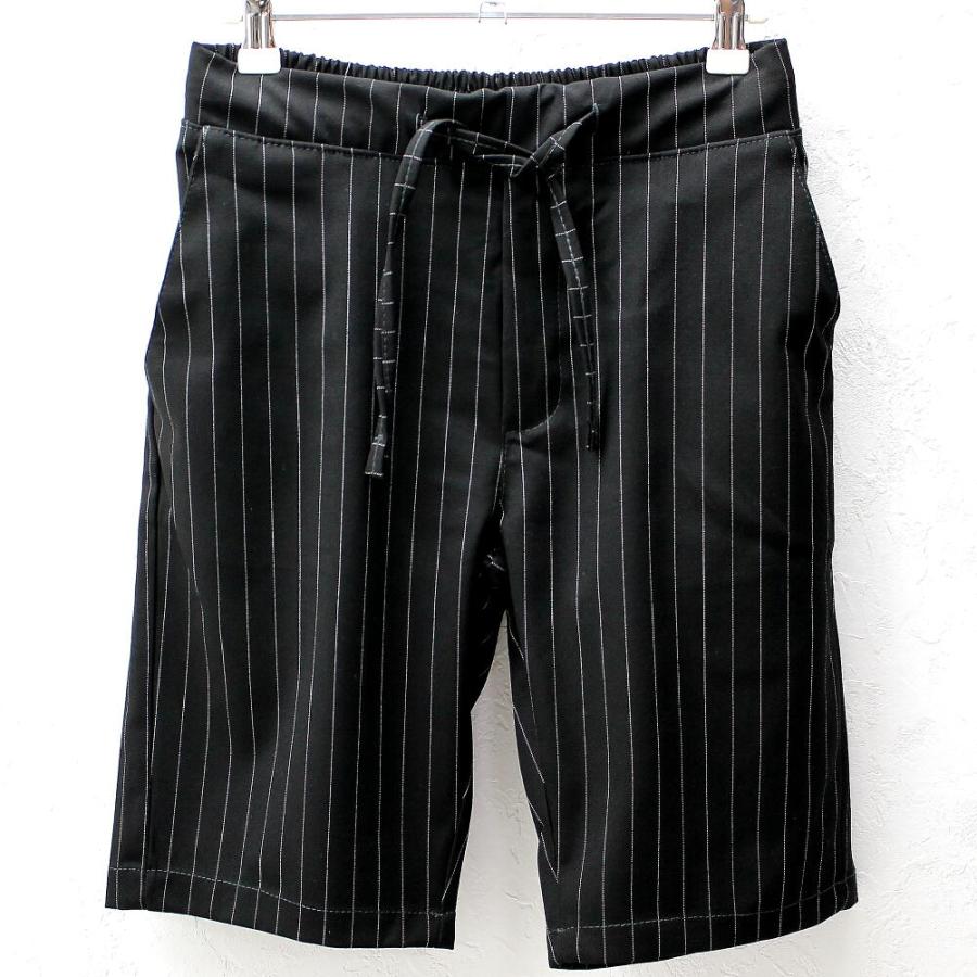 ハーフパンツ ショートパンツ ピンストライプ 膝上 スリム 黒 30〜36