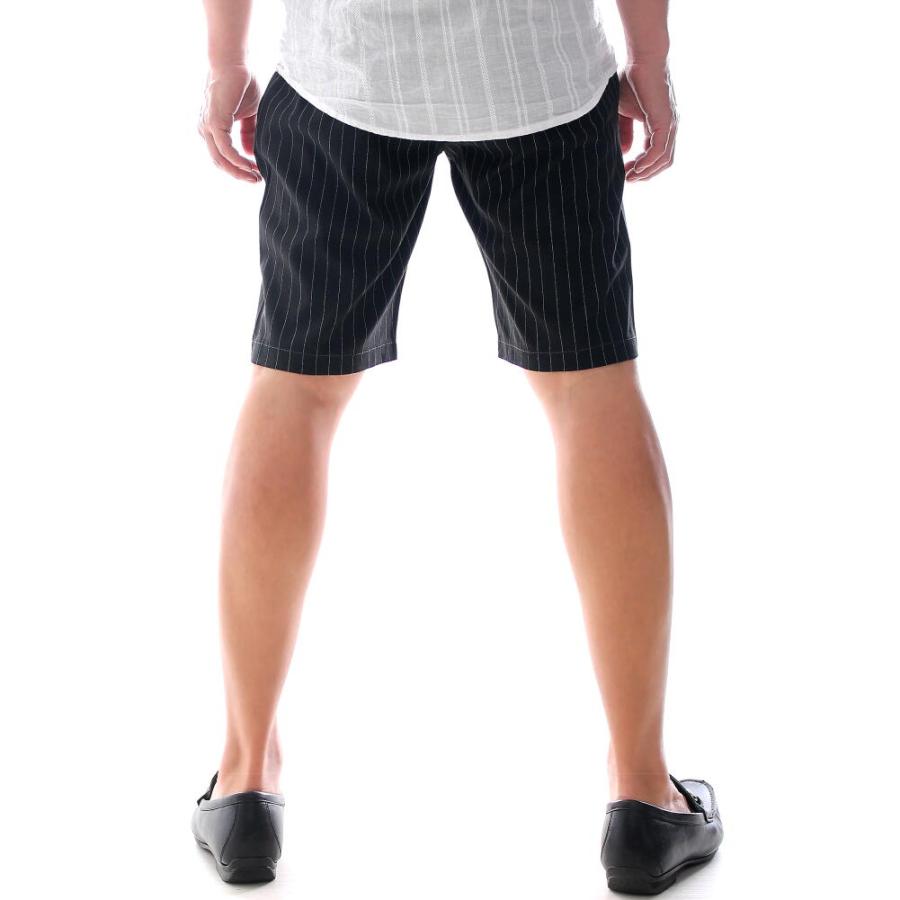ハーフパンツ ショートパンツ ピンストライプ 膝上 スリム 黒 30〜36