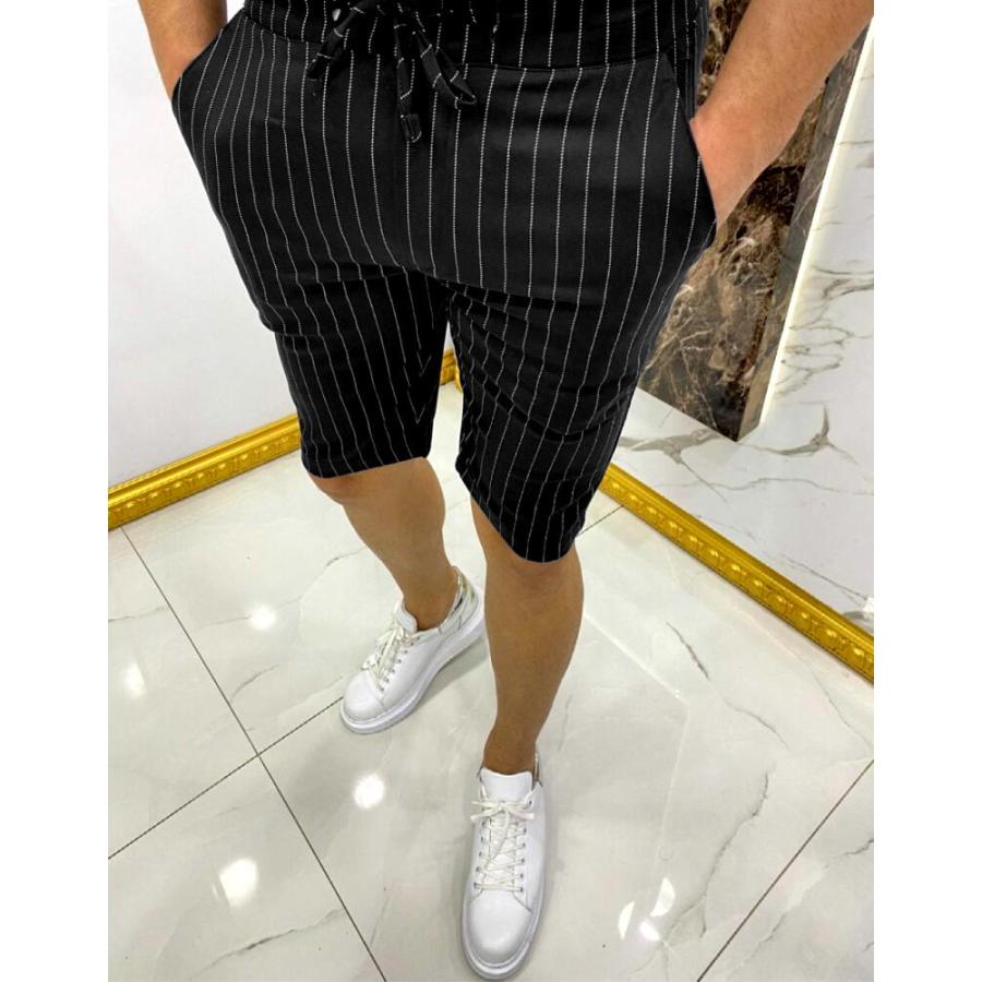 ハーフパンツ ショートパンツ ピンストライプ 膝上 スリム 黒 30〜36