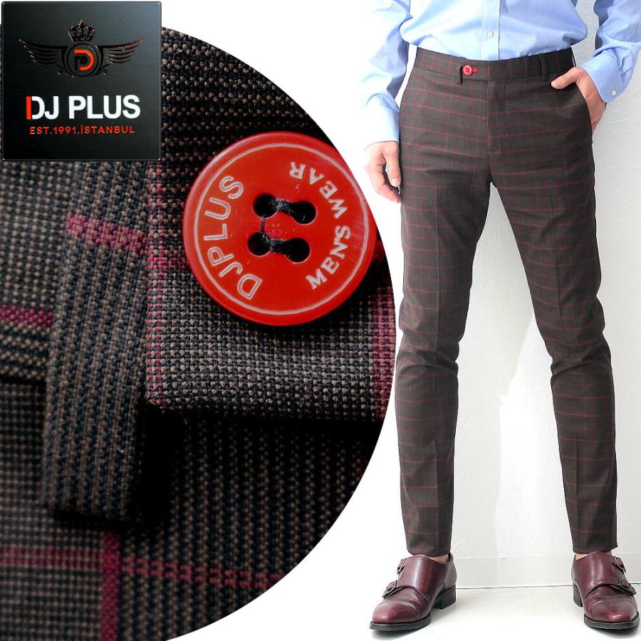 スラックス スキニー パンツ メンズ 茶 エンジ/チェック スリム タイト